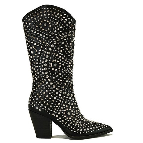 Beast AUTUMN Tall Black Faux Leather Stud & Rhinestone Embellished Cowboy Boots - Picture 5 of 7